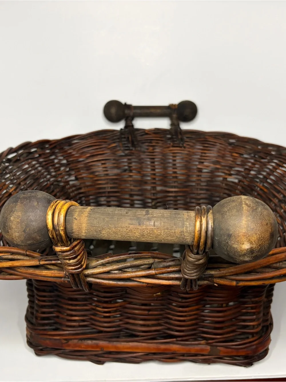 Large Wicker Willow Basket Turned Wood Handles Slat Bottom Rustic Farmhouse